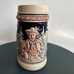 German Beer Stein Mug Embossed Man Flowers "Ein Trunk zur Rechten Zeit"